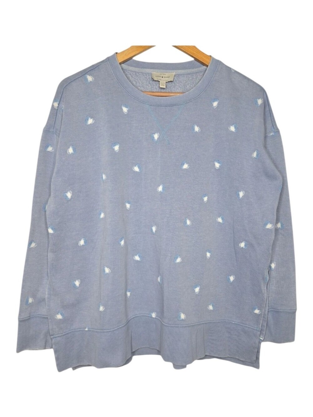 Lucky Brand Womens Blue Embroidered Hearts Crewneck Sweatshirt XS